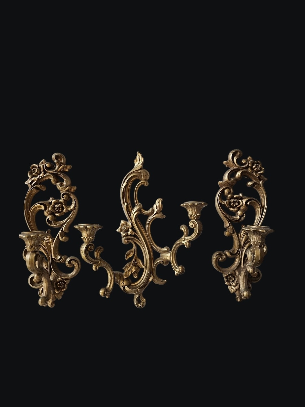 French Rococo Baroque Style Vintage Ornate Gold Candle Wall Sconce Set Of 3